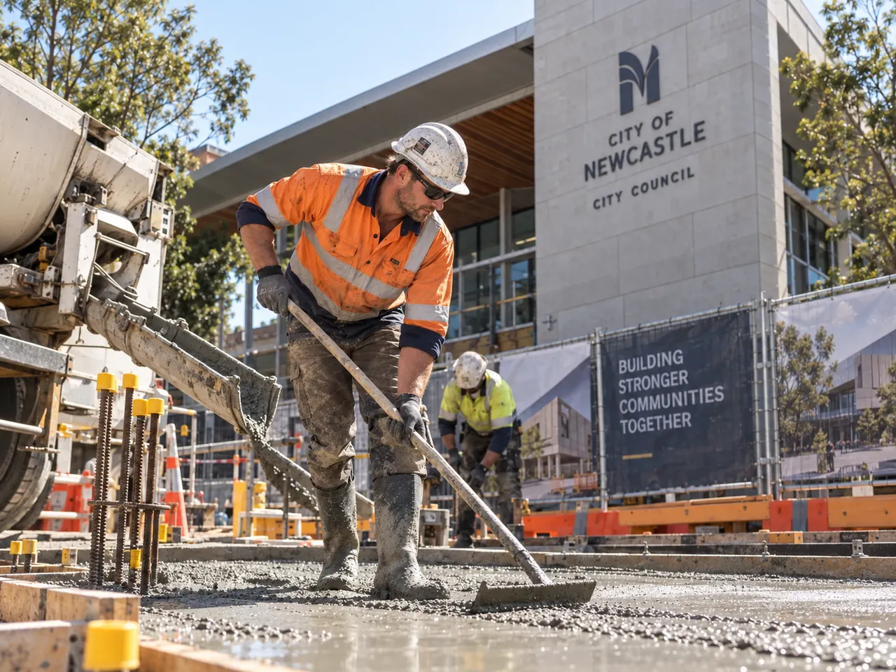 A construction worker finishing concrete on a civic building project
