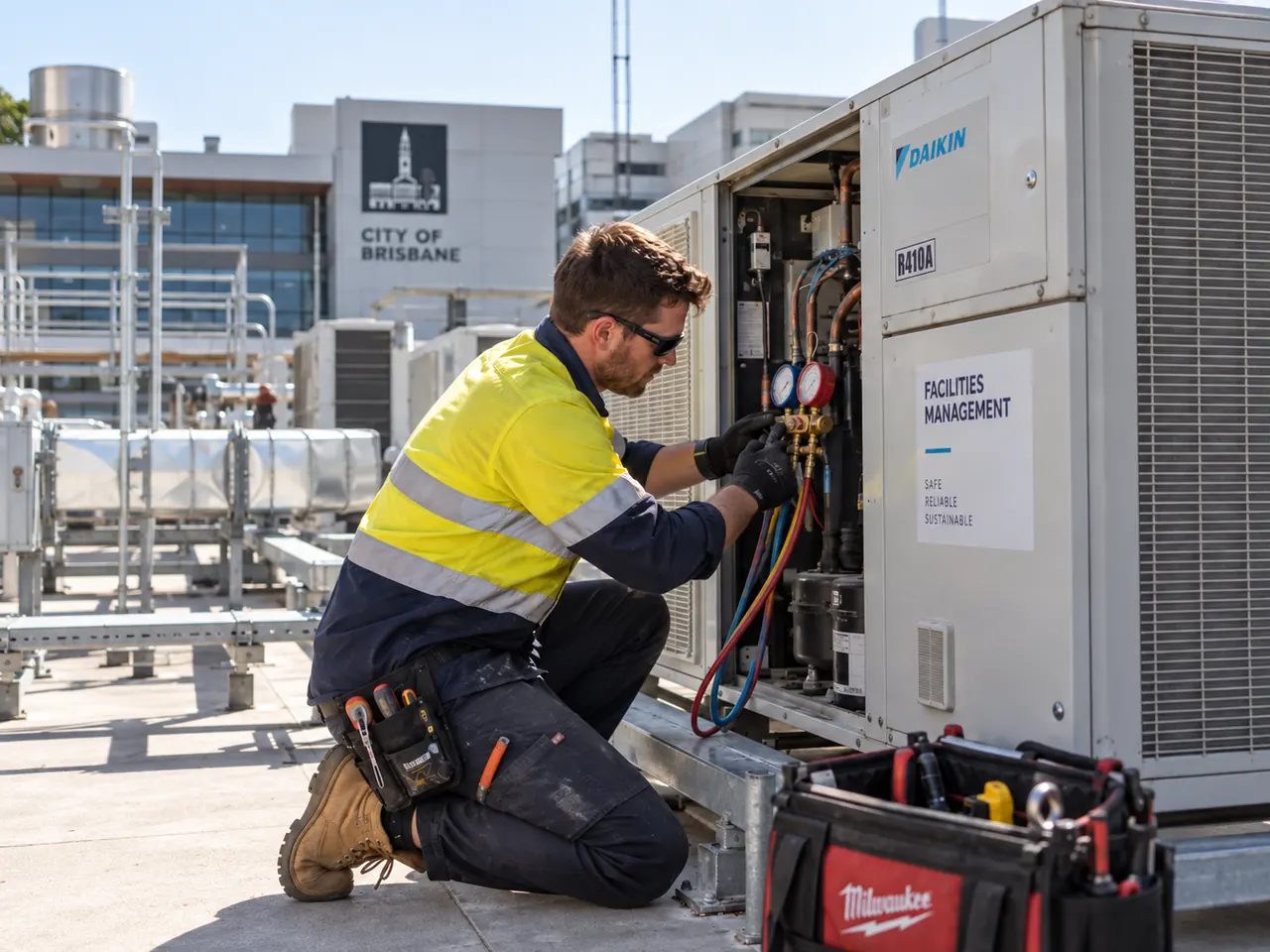 A facilities technician servicing commercial air conditioning equipment