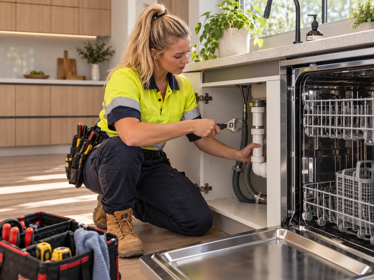 A field technician repairing plumbing beneath a kitchen sink