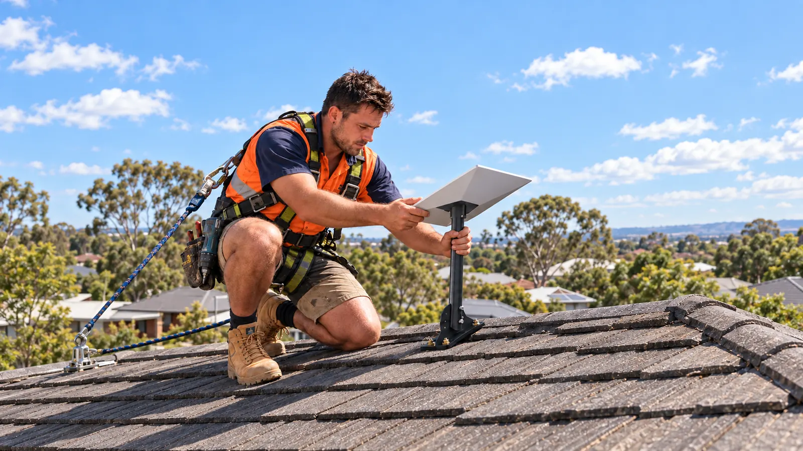Circl technician installing satellite connectivity on a residential roof