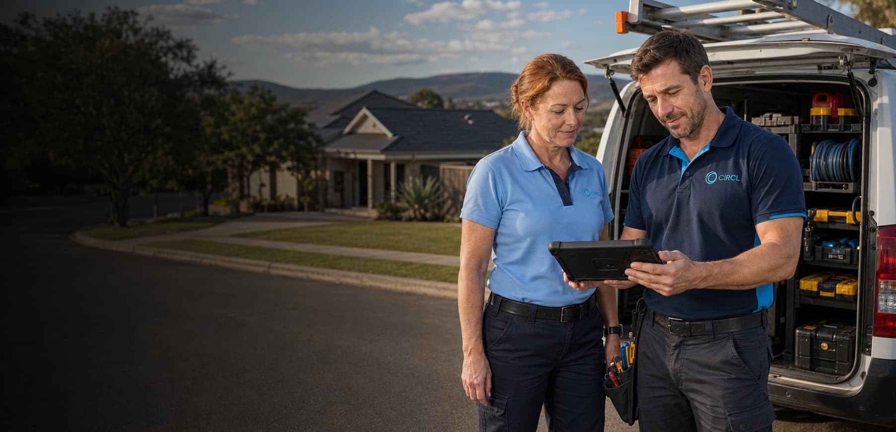 Circl field-service lead and connectivity technician reviewing completion evidence beside a service van