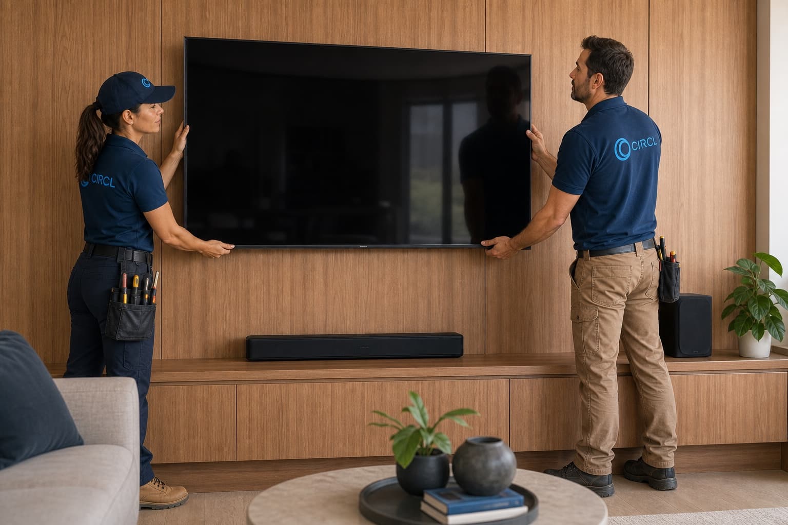 Two Circl home technology technicians installing and levelling a television