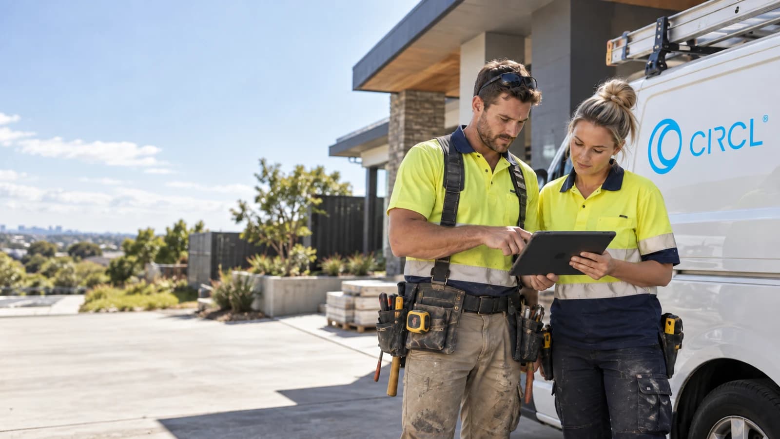 Two Circl technicians reviewing work beside a Circl service van