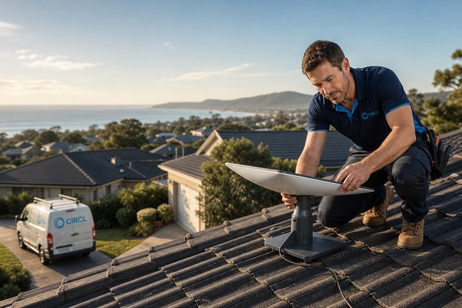 Circl connectivity technician aligning satellite equipment on an Australian residential roof
